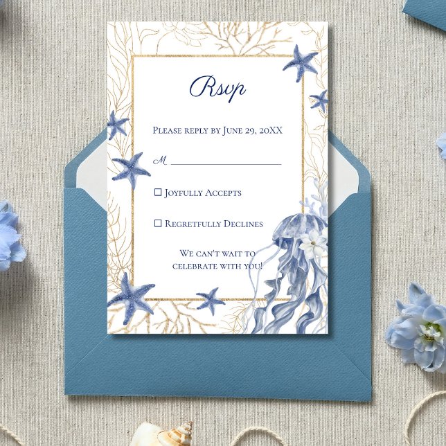 Coastal Wedding Navy Blue Gold RSVP Card (Coastal Wedding RSVP Enclosure Card)