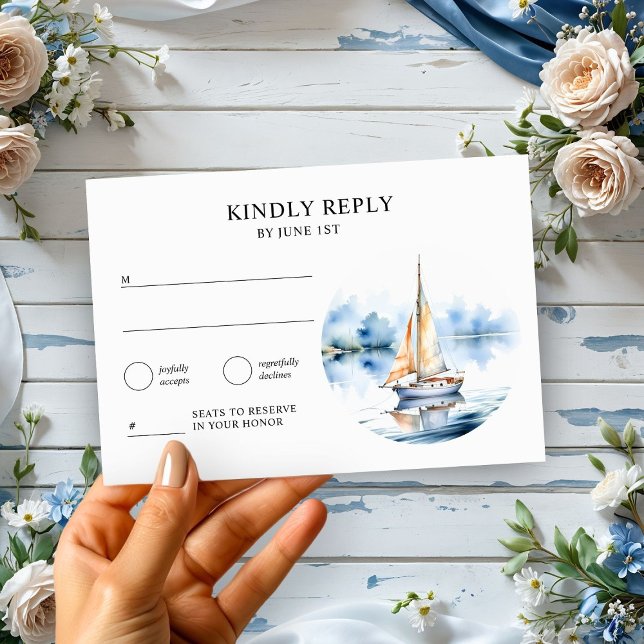 Coastal Wedding Watercolor Nautical Sailboat RSVP Card (Creator Uploaded)