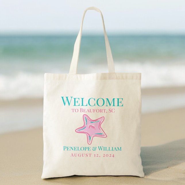 Coastal Wedding Welcome Pink Starfish Seaside Tote Bag (Creator Uploaded)