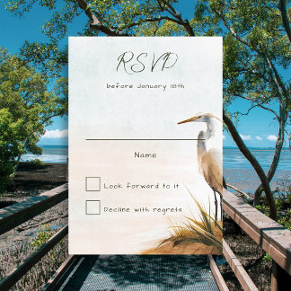 Coastal Wedding White Egret Simple RSVP Card