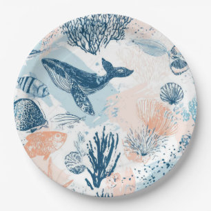 Coastal Whale Sea Life Coral Blue Peach (1) Paper Plate