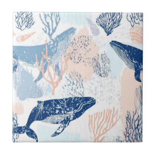 Coastal Whale Sea Life Coral Blue Peach (2) Ceramic Tile