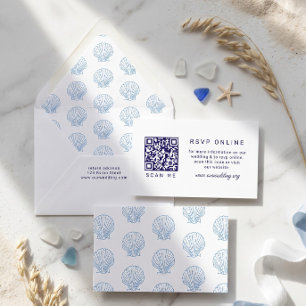 Coastal White Blue Seachell QR code RSVP Wedding Enclosure Card