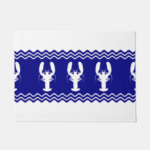 Coastal White Blue Stripe Lobster Pattern Doormat