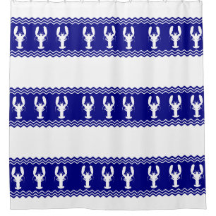 Coastal White Blue Stripe Lobster Pattern Shower Curtain