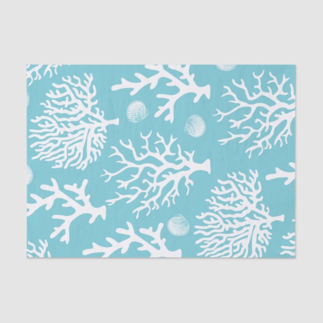 Coastal White Corals & Seashells Blue Tissue Paper (Front)