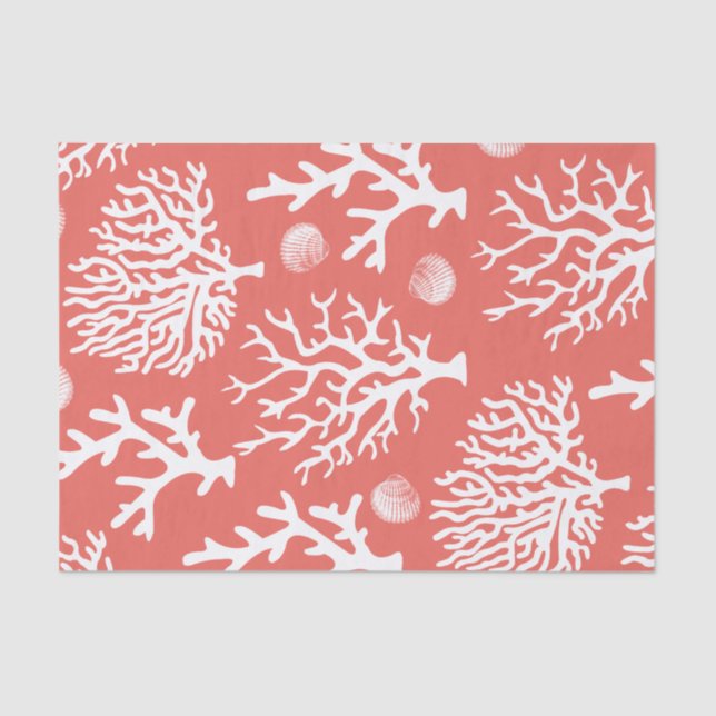 Coastal White Corals & Seashells Coral Pink Tissue Paper (Front)