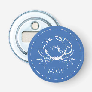Coastal White Crab on Classic Blue Monogram Bottle Opener