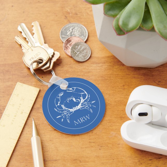 Coastal White Crab on Classic Blue Monogram Key Ring (Desk)