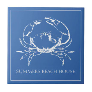 Coastal White Crab on Classic Blue Personalised Ceramic Tile