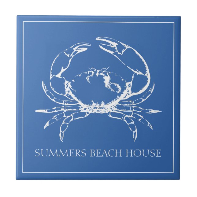 Coastal White Crab on Classic Blue Personalised Ceramic Tile (Front)
