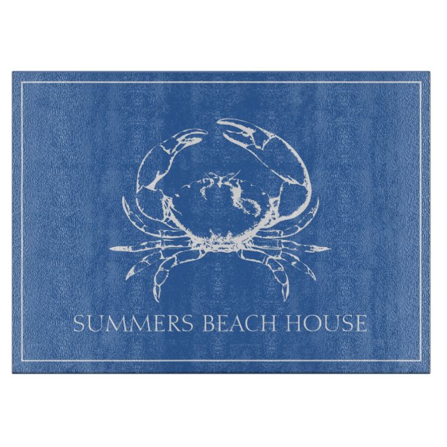 Coastal White Crab on Classic Blue Personalised Cutting Board (Front)