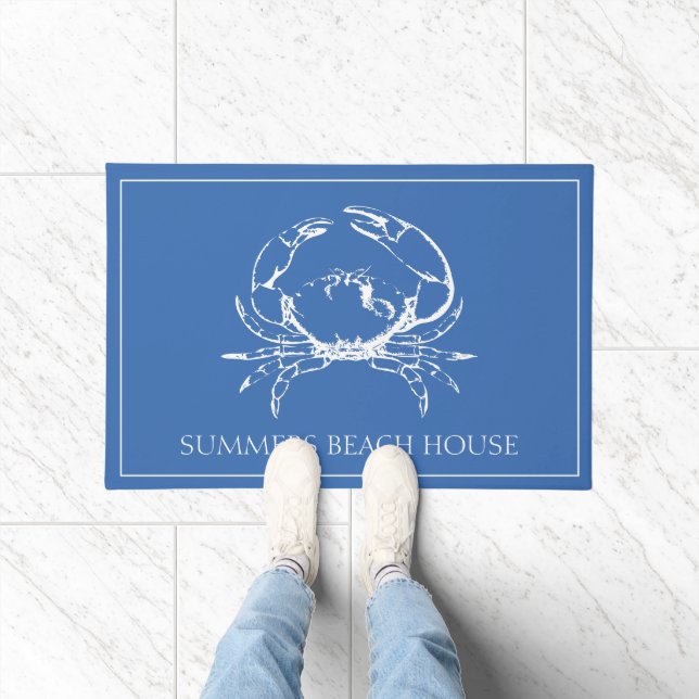 Coastal White Crab on Classic Blue Personalised Doormat (Indoor)