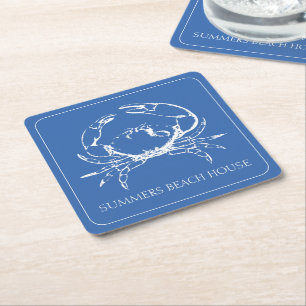 Coastal White Crab on Classic Blue Personalised Square Paper Coaster