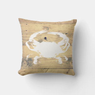 Coastal White Crab Silhouette & Wood Planks Cushion