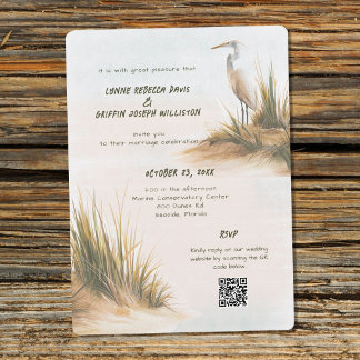 Coastal White Egret on Dunes Wedding Invitation