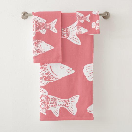 Coastal White Floral Fish & Coral Pink Bath Towel Set ...
