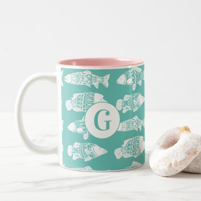 Coastal White Floral Fish | Monogram Two-Tone Coffee Mug (With Donut)