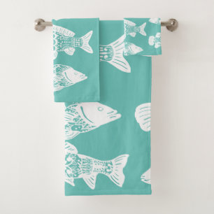 Coastal White Floral Fish & Sea Green Bath Towel Set