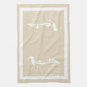 Coastal White Sandpipers & Sandy Taupe Tea Towel