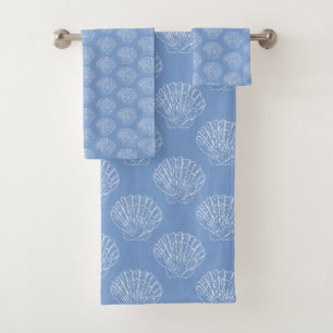 Coastal White Scallop Shells on Blue Bath Towel Set