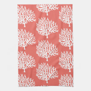 Coastal White Sea Coral & Coral Pink Tea Towel