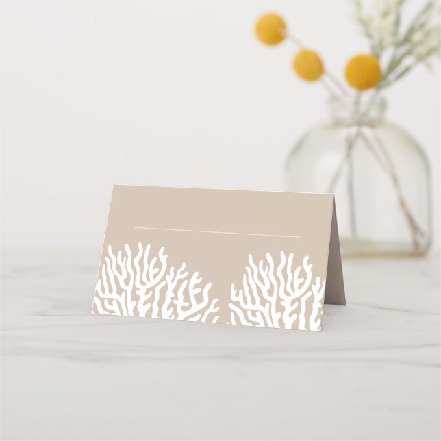 Coastal White Sea Coral & Cyan Blue Name Place Card (Front)