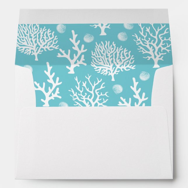 Coastal White Sea Coral & Cyan Blue Wedding Envelope (Back (Bottom))
