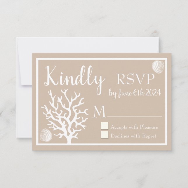 Coastal White Sea Coral & Sandy Taupe RSVP Card (Front)