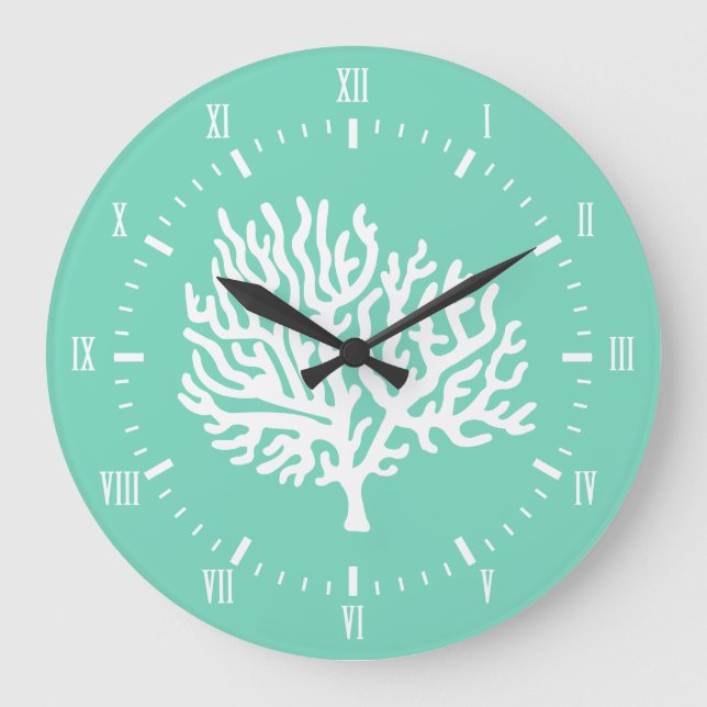 Coastal White Sea Coral & Sea Glass Green Large Clock (Front)