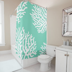 Coastal White Sea Coral & Sea Glass Green Shower Curtain