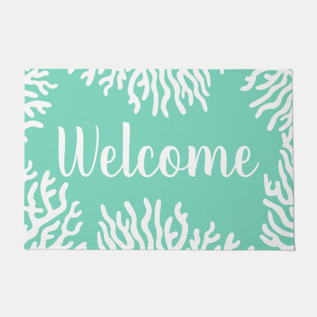 Coastal White Sea Coral & Sea Glass Green Welcome Doormat (Front)