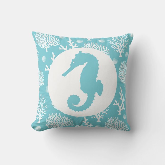 Coastal White Sea Corals & Seahorse Cushion (Front)