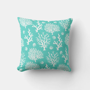 Coastal White Sea Corals & Seashells Sea Green Cushion