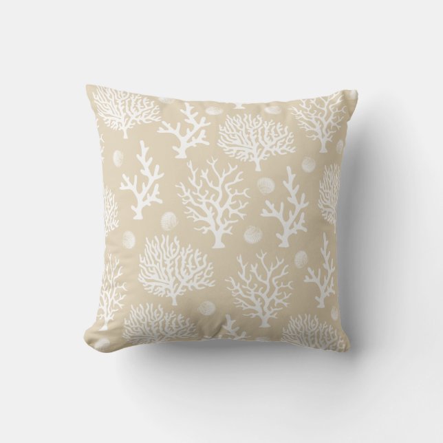 Coastal White Sea Corals & Seashells Taupe Cushion (Front)