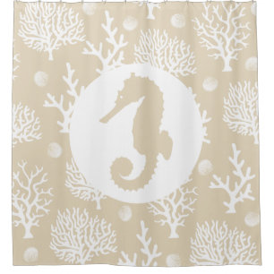 Coastal White Sea Corals & Taupe Seahorse Shower Curtain
