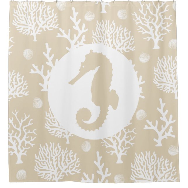 Coastal White Sea Corals & Taupe Seahorse Shower Curtain (Front)