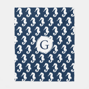 Coastal White Seahorses & Navy Blue Fleece Blanket