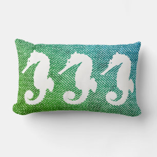 Coastal White Seahorses & Ocean Hues Herringbone Lumbar Cushion
