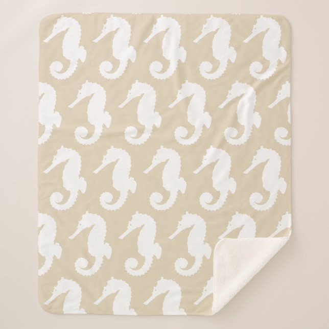 Coastal White Seahorses & Taupe Sherpa Blanket (Front)