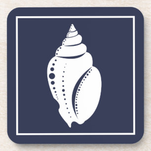 Coastal White Seashell & Navy Blue Coaster
