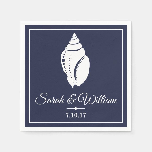 Coastal White Seashell & Navy Blue | Personalised Napkin (Front)