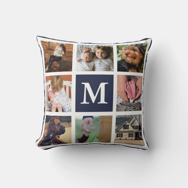 Coastal White Seashell & Navy Photo Collage Cushion (Front)