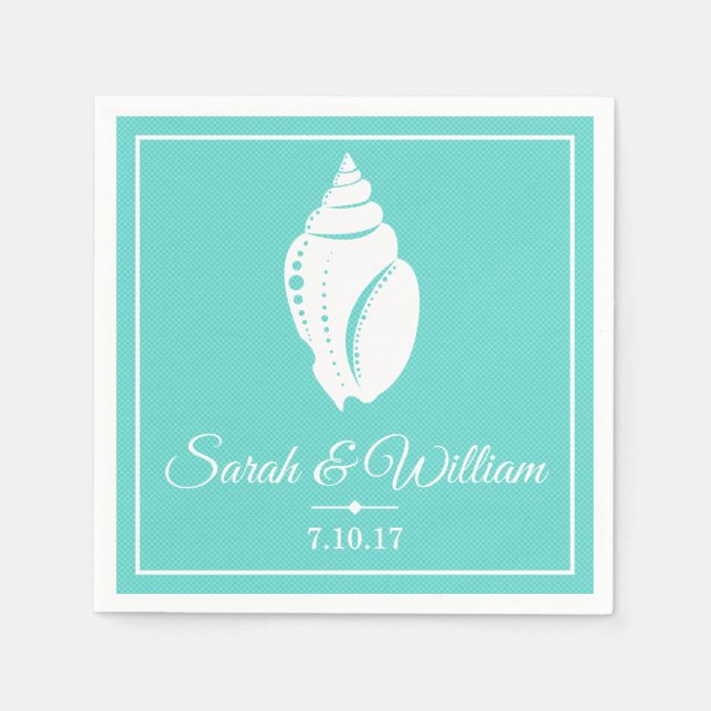 Coastal White Seashell & Sea Green | Personalised Napkin (Front)
