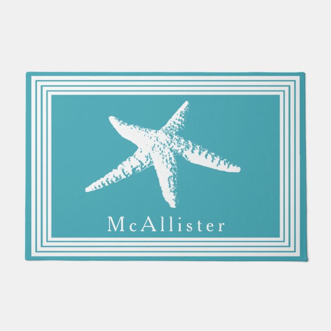 Coastal White Starfish Lines Frame & Sea Blue Doormat (Front)