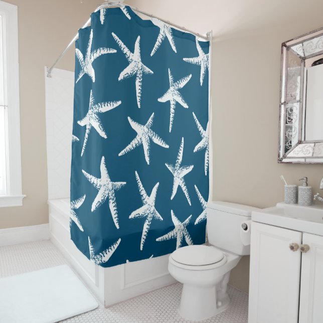 Coastal White Starfish & Navy Blue Shower Curtain (In Situ)