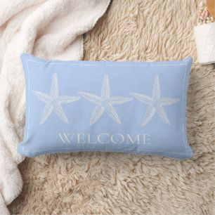 Coastal White Starfish on Blue Welcome Lumbar Cushion