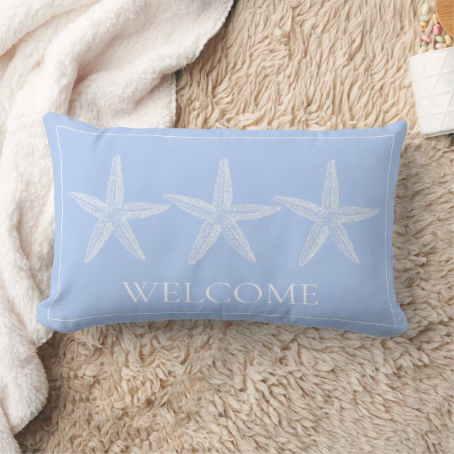 Coastal White Starfish on Blue Welcome Lumbar Cushion (Blanket)