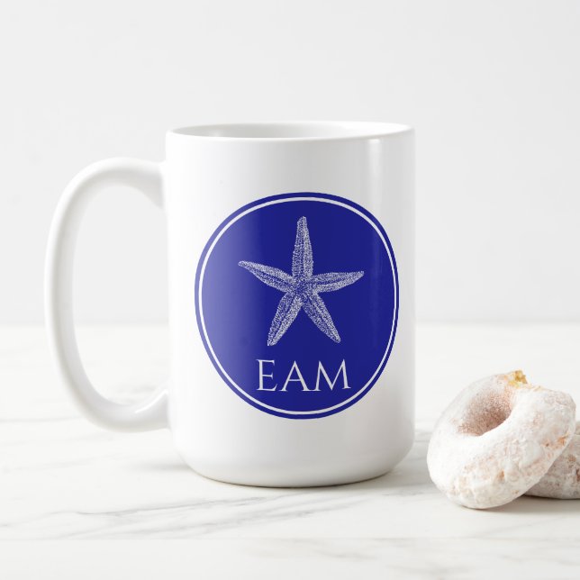 Coastal White Starfish on Navy Blue Monogram Coffee Mug (With Donut)