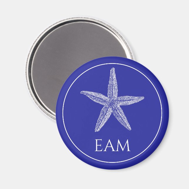 Coastal White Starfish on Navy Blue Monogram Magnet (Front/Back)
